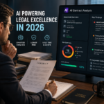 Lawyer reviewing an AI-generated contract analysis report on screen alongside original documents — AI use case in the legal industry 2026