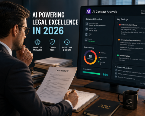 Lawyer reviewing an AI-generated contract analysis report on screen alongside original documents — AI use case in the legal industry 2026