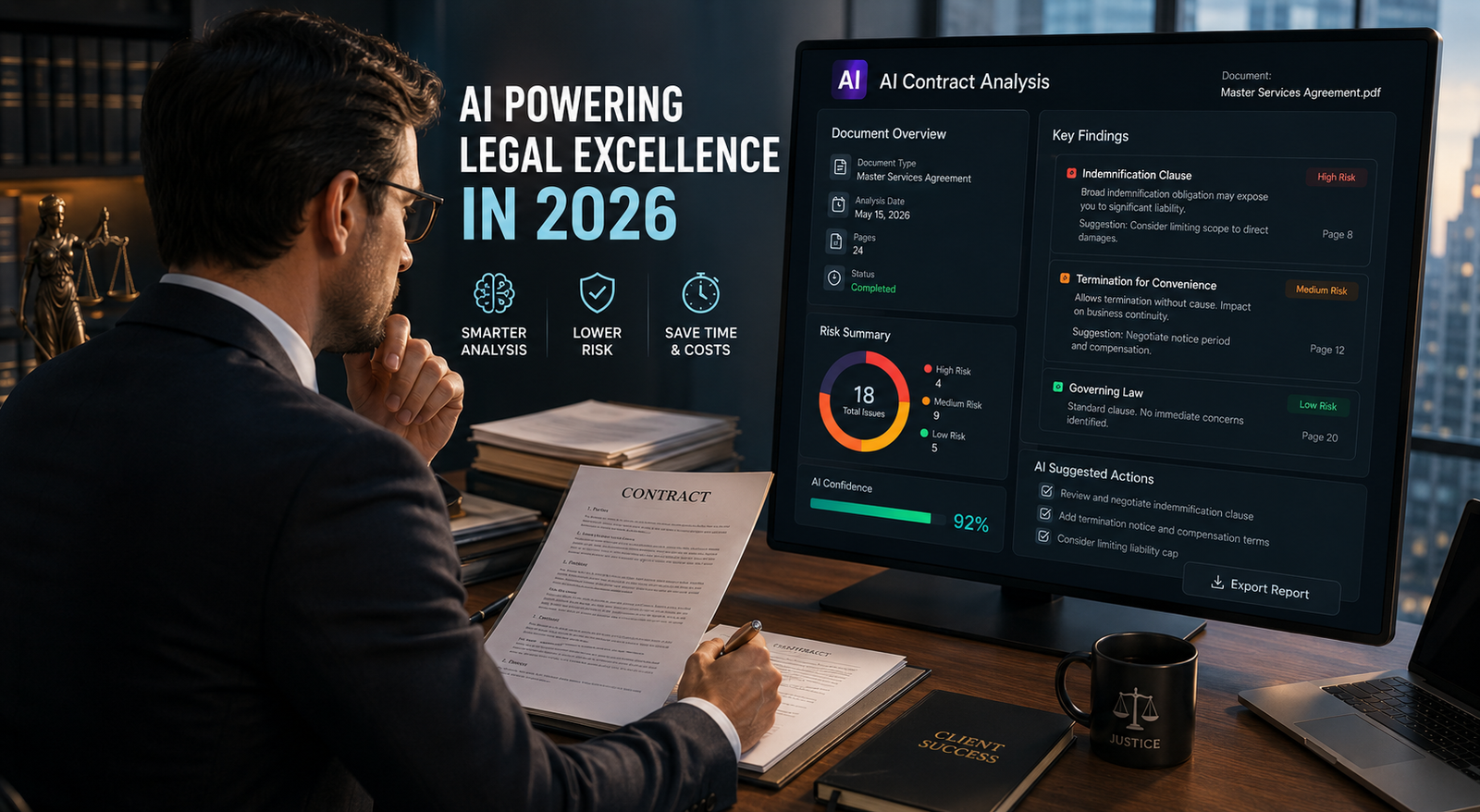 Lawyer reviewing an AI-generated contract analysis report on screen alongside original documents — AI use case in the legal industry 2026