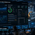 Supply chain operations centre with AI demand forecasting dashboard visible showing inventory levels, supplier risk scores, and route optimisation — AI use case in manufacturing and supply chain 2026
