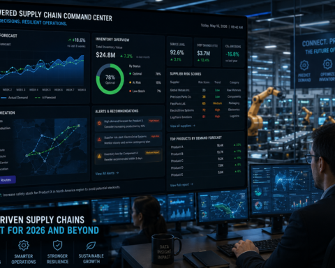 Supply chain operations centre with AI demand forecasting dashboard visible showing inventory levels, supplier risk scores, and route optimisation — AI use case in manufacturing and supply chain 2026