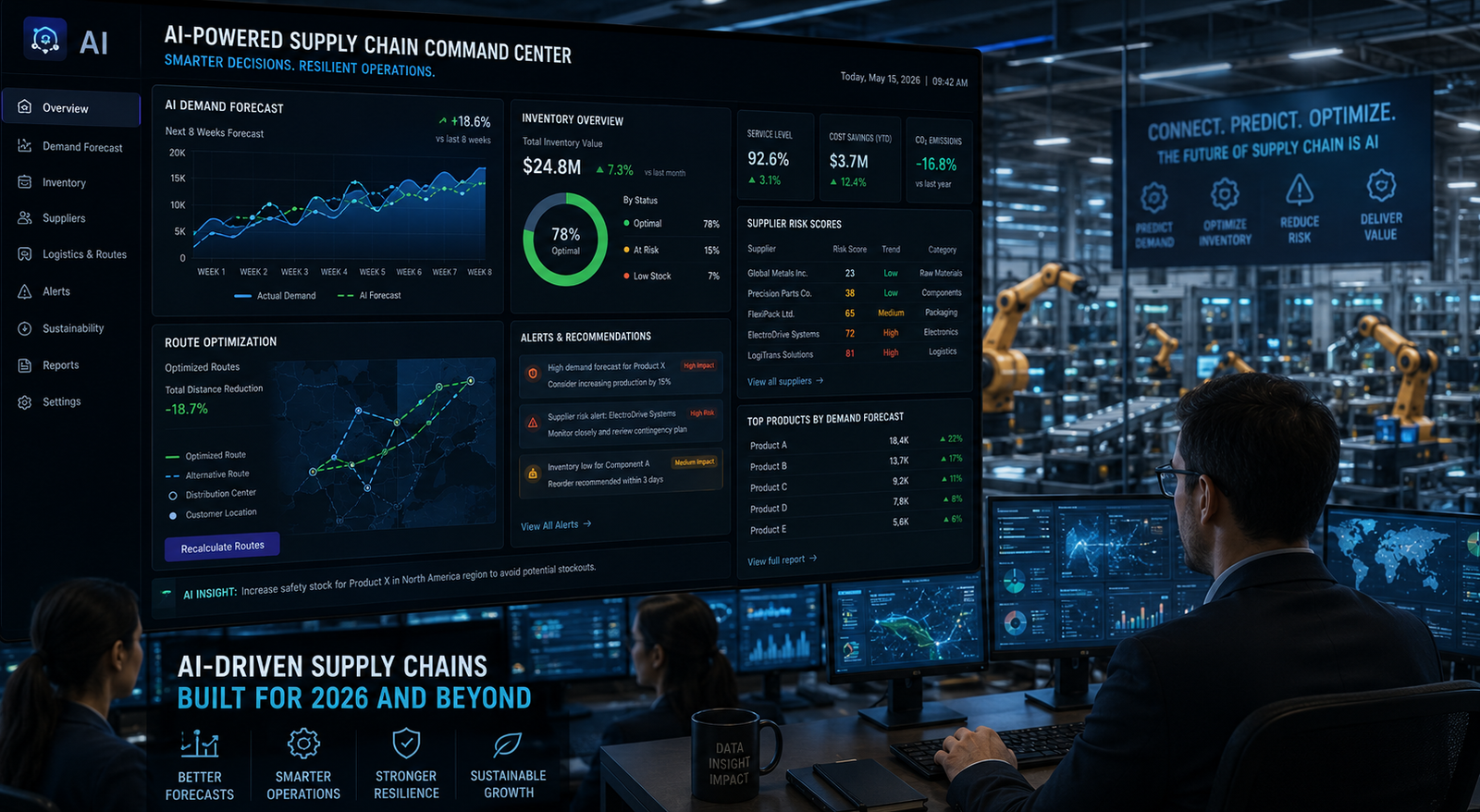 Supply chain operations centre with AI demand forecasting dashboard visible showing inventory levels, supplier risk scores, and route optimisation — AI use case in manufacturing and supply chain 2026