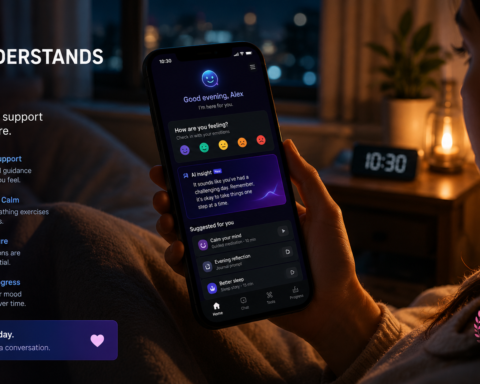 Person using an AI mental health app on their phone late at night with calming interface visible — representing AI use cases in mental health and wellbeing support in 2026