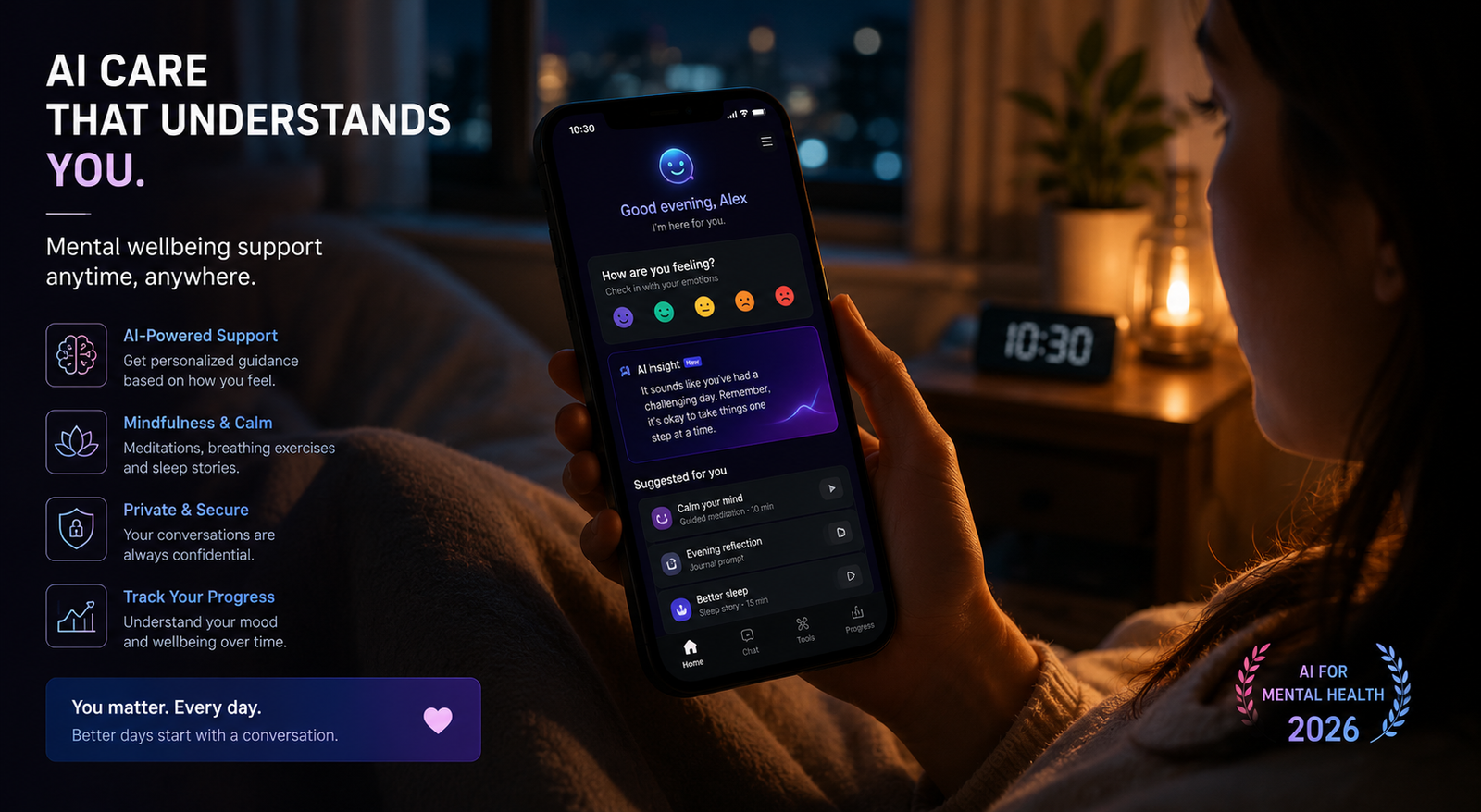 Person using an AI mental health app on their phone late at night with calming interface visible — representing AI use cases in mental health and wellbeing support in 2026