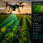 Autonomous agricultural drone flying over crop rows with computer vision identifying disease patterns below — AI use case in precision agriculture 2026