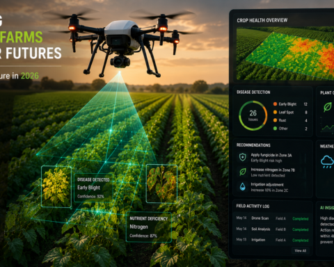 Autonomous agricultural drone flying over crop rows with computer vision identifying disease patterns below — AI use case in precision agriculture 2026