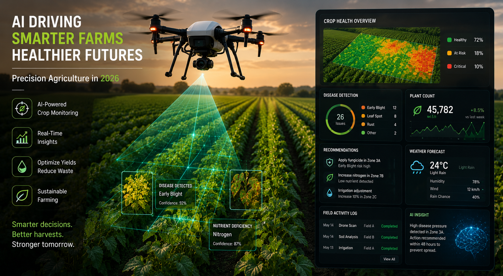 Autonomous agricultural drone flying over crop rows with computer vision identifying disease patterns below — AI use case in precision agriculture 2026