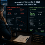 Business executive reviewing a failed AI project dashboard showing zero ROI alongside a successful implementation dashboard showing strong returns — representing the 80/20 AI project success divide in 2026