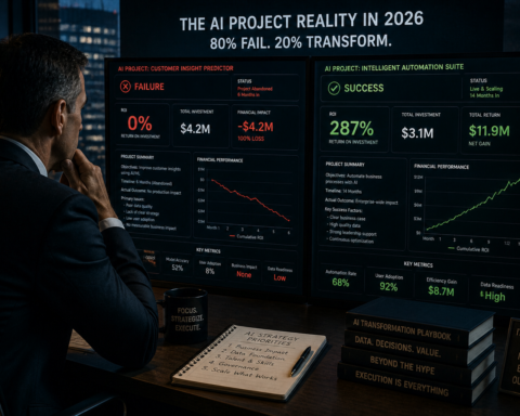 Business executive reviewing a failed AI project dashboard showing zero ROI alongside a successful implementation dashboard showing strong returns — representing the 80/20 AI project success divide in 2026