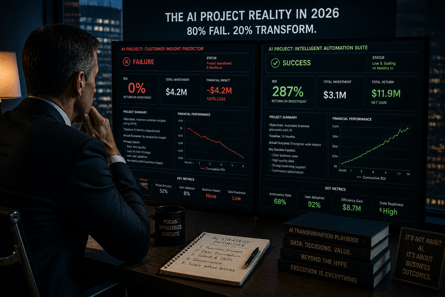 Business executive reviewing a failed AI project dashboard showing zero ROI alongside a successful implementation dashboard showing strong returns — representing the 80/20 AI project success divide in 2026