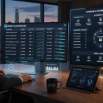 CFO reviewing AI budget allocation spreadsheet with ROI projections and governance framework visible on adjacent screen — enterprise AI strategy and spending for 2026