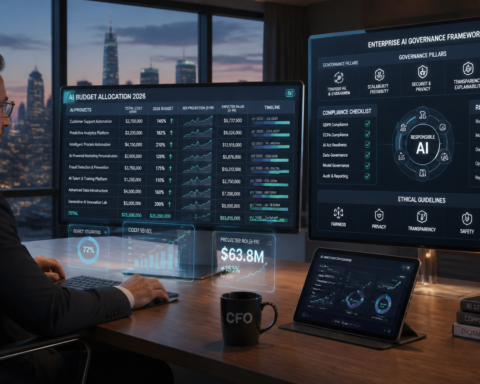 CFO reviewing AI budget allocation spreadsheet with ROI projections and governance framework visible on adjacent screen — enterprise AI strategy and spending for 2026