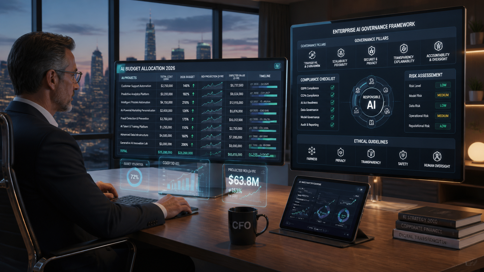 CFO reviewing AI budget allocation spreadsheet with ROI projections and governance framework visible on adjacent screen — enterprise AI strategy and spending for 2026