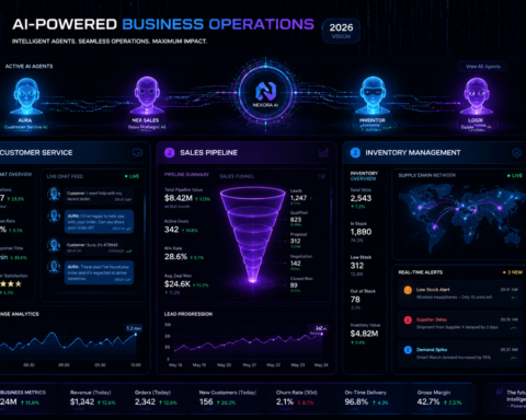Featured image for Business operations dashboard showing multiple AI agents working simultaneously across customer service, sales pipeline, and inventory management workflows — agentic AI deployment in 2026