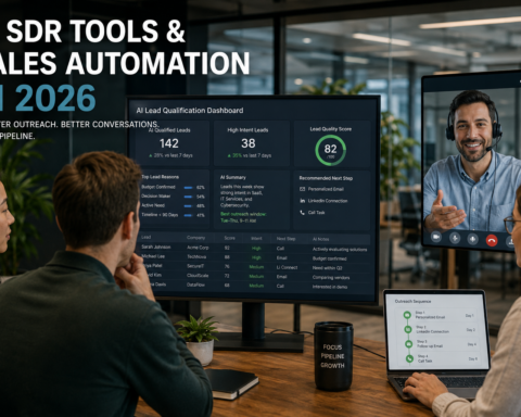 Sales team reviewing AI-generated lead qualification dashboard alongside human sales rep on a call — AI SDR tools and sales automation in 2026