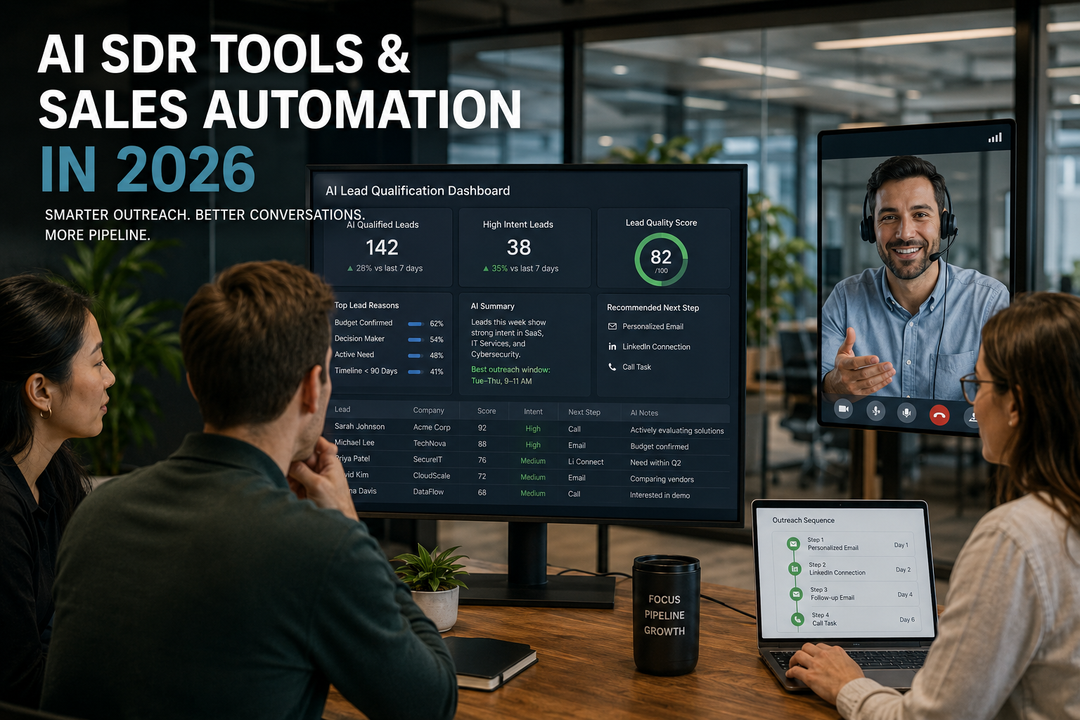 Sales team reviewing AI-generated lead qualification dashboard alongside human sales rep on a call — AI SDR tools and sales automation in 2026