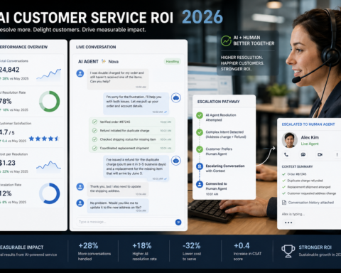 Customer service dashboard showing AI agent handling complex multi-step support conversation with escalation pathway to human agent — AI customer service ROI 2026