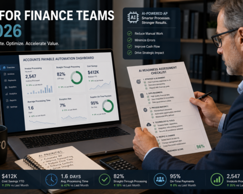 CFO reviewing AI readiness assessment checklist alongside accounts payable automation dashboard — AI for finance teams 2026