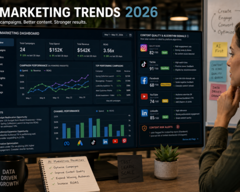 Marketing analytics dashboard showing AI campaign performance metrics alongside content quality flags from social platform algorithms — AI marketing trends 2026