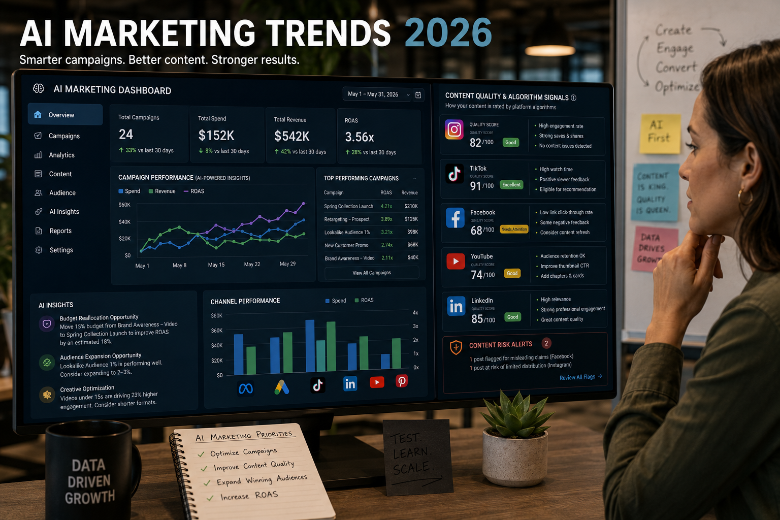 Marketing analytics dashboard showing AI campaign performance metrics alongside content quality flags from social platform algorithms — AI marketing trends 2026
