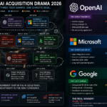 Split-screen showing OpenAI, Microsoft, and Google logos alongside a chaotic deal timeline — representing the Windsurf AI startup acquisition drama in 2026
