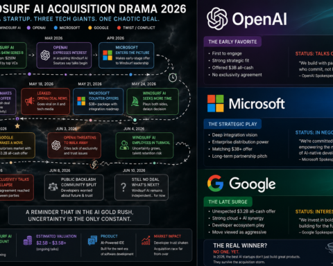 Split-screen showing OpenAI, Microsoft, and Google logos alongside a chaotic deal timeline — representing the Windsurf AI startup acquisition drama in 2026