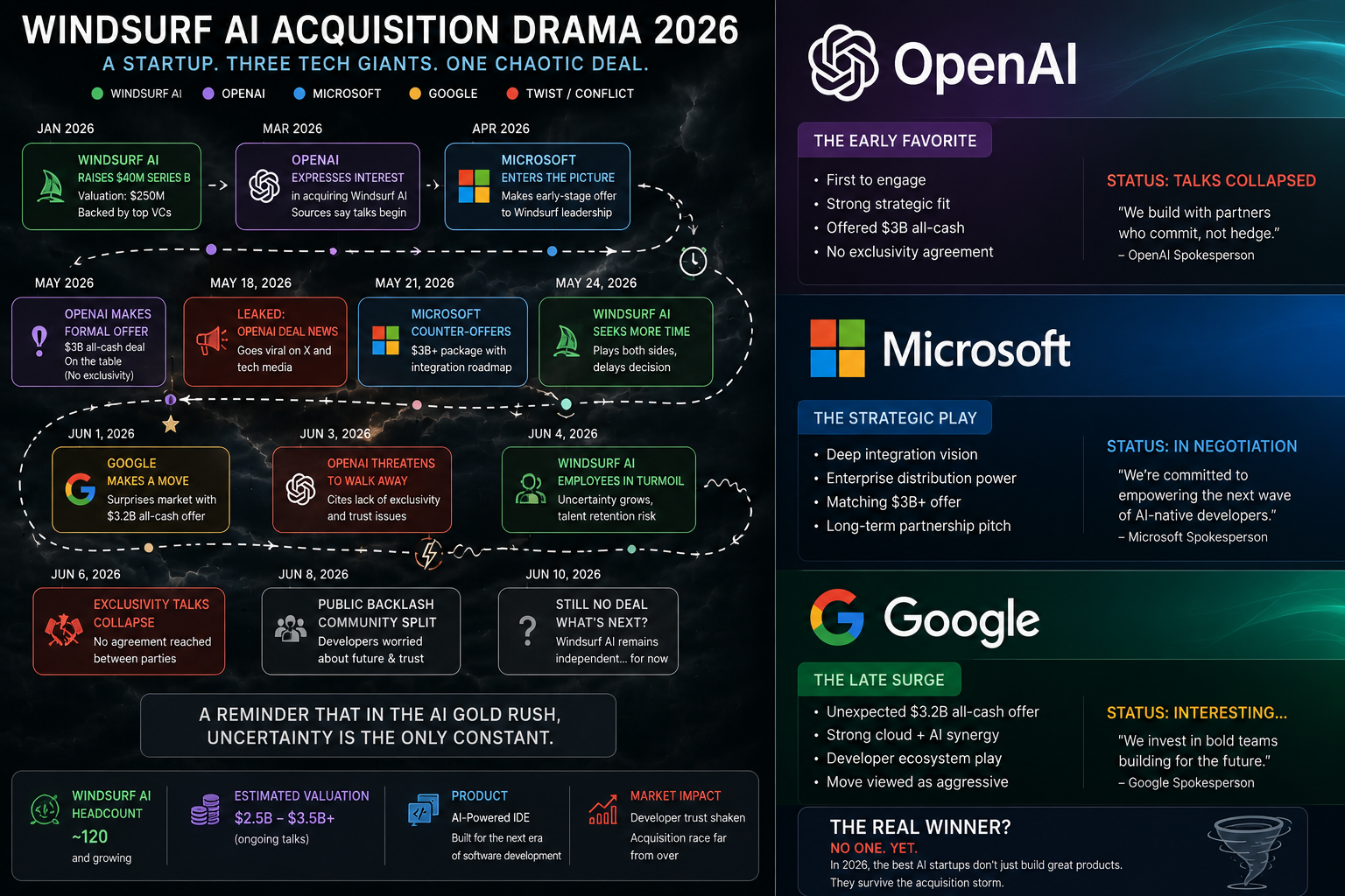 Split-screen showing OpenAI, Microsoft, and Google logos alongside a chaotic deal timeline — representing the Windsurf AI startup acquisition drama in 2026