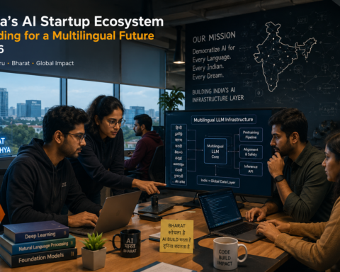 Indian AI startup founders working on multilingual LLM infrastructure in a Bengaluru tech hub — representing India's growing AI startup ecosystem in 2026