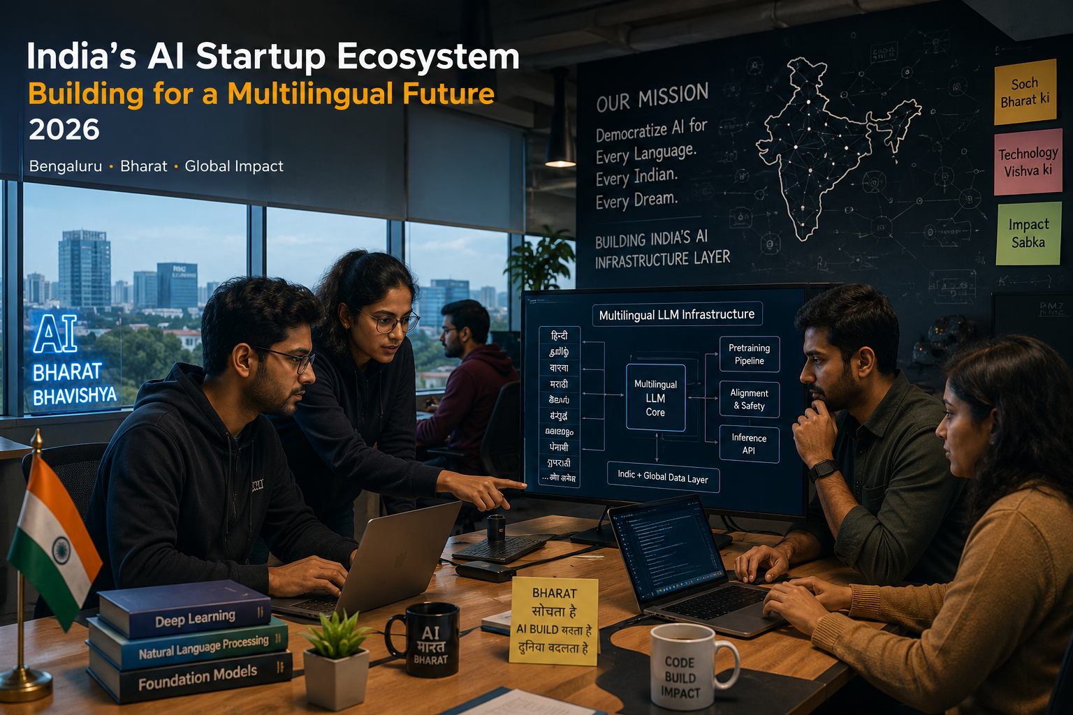 Indian AI startup founders working on multilingual LLM infrastructure in a Bengaluru tech hub — representing India's growing AI startup ecosystem in 2026