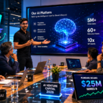 Venture capital meeting room with AI startup pitch deck visible on screen alongside funding round announcement — representing the record-breaking AI venture capital environment in 2026
