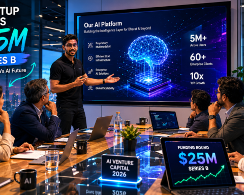 Venture capital meeting room with AI startup pitch deck visible on screen alongside funding round announcement — representing the record-breaking AI venture capital environment in 2026