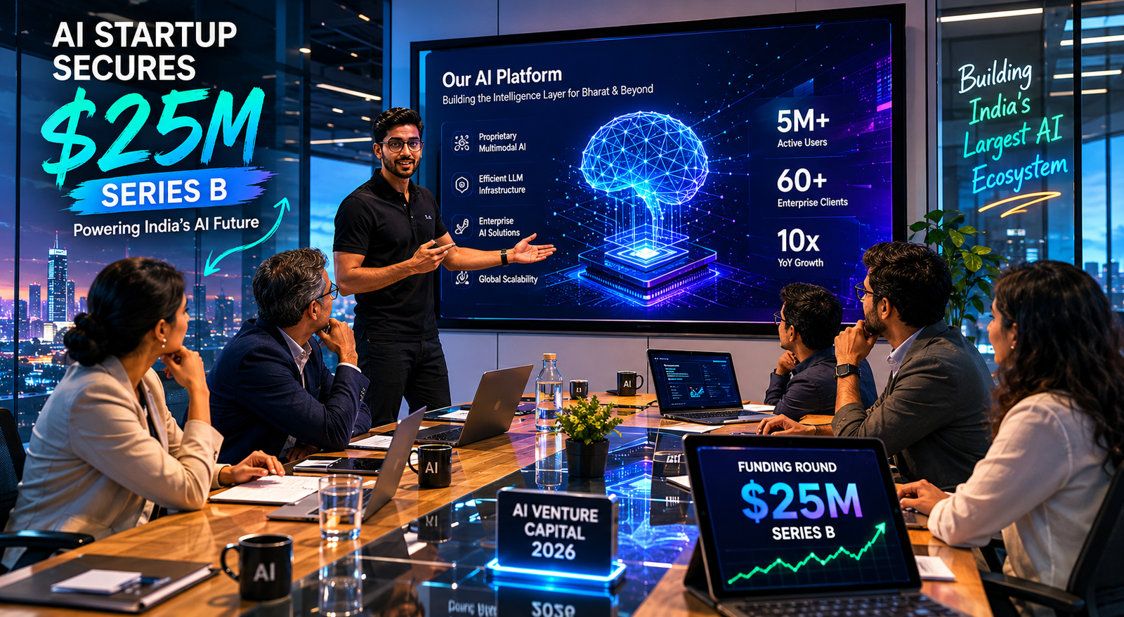 Venture capital meeting room with AI startup pitch deck visible on screen alongside funding round announcement — representing the record-breaking AI venture capital environment in 2026