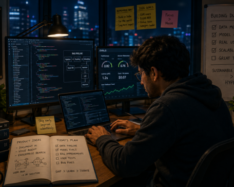AI startup founder working late at a desk surrounded by code, data, and notes — representing the reality of building a durable AI company in the competitive 2026 market