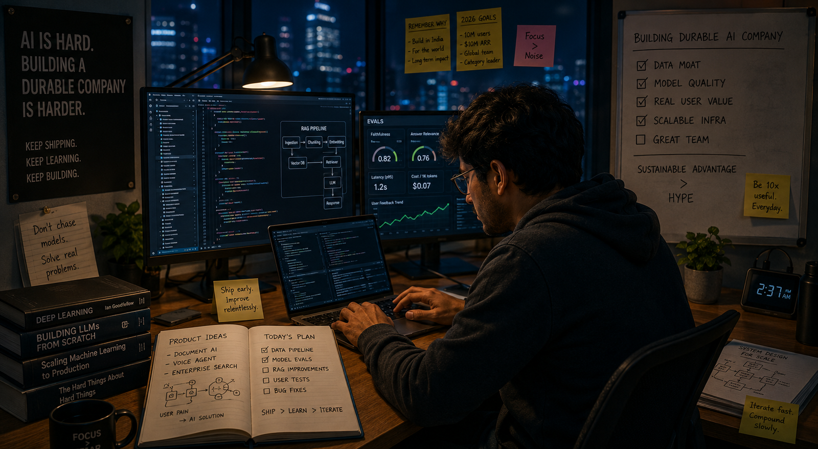 AI startup founder working late at a desk surrounded by code, data, and notes — representing the reality of building a durable AI company in the competitive 2026 market